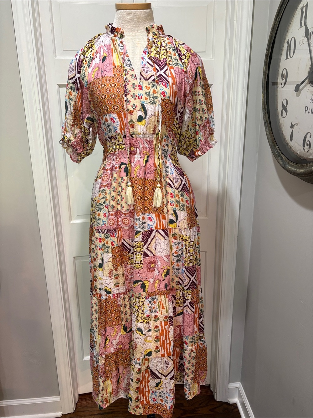 THML sz S midi to maxi patchwork tiered dress with puff sleeve and ruffle neck - Picture 2 of 9